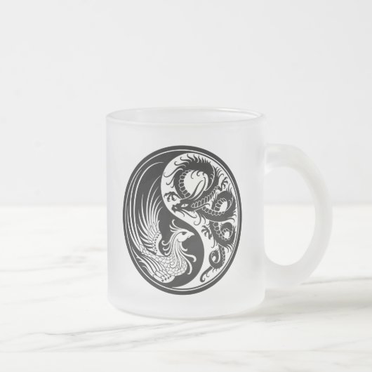 Weißer und schwarzer Drache Phoenix Yin Yang Mattglastasse (Rechts)