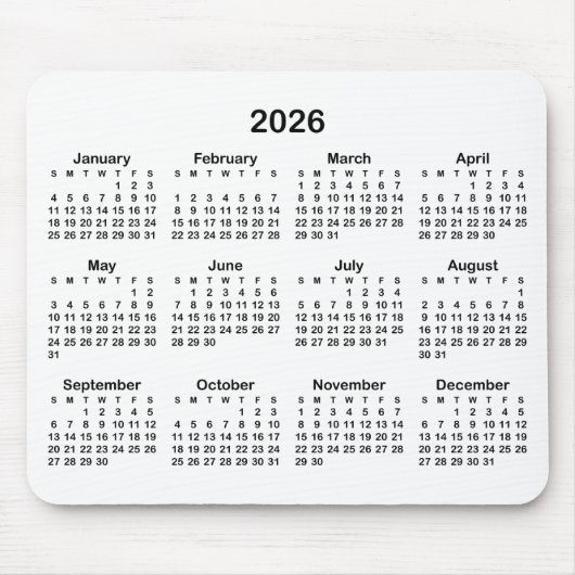 Weißer und schwarzer Kalender 2026 Mousepad (Vorne)