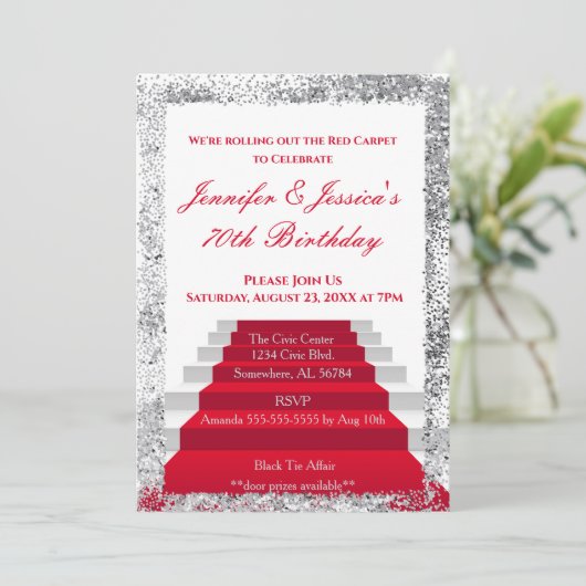 Weißer und Silberroter Teppich Geburtstag Einladung (Stehend Vorderseite)