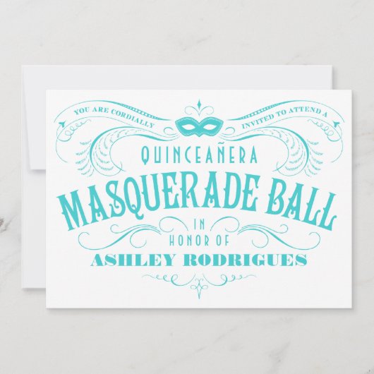 Weißer und türkisfarbener Quinceanera Masquerade Einladung (Vorderseite)