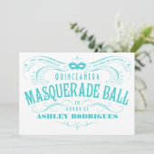 Weißer und türkisfarbener Quinceanera Masquerade Einladung (Stehend Vorderseite)
