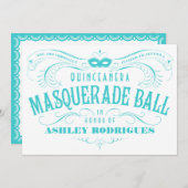 Weißer und türkisfarbener Quinceanera Masquerade Einladung (Vorne/Hinten)