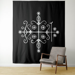 Weißer Veve von Papa Legba auf Schwarz Wandteppich