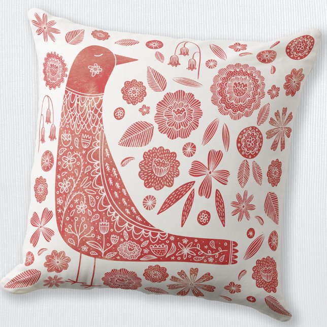 Weißer Vogelschwarm Kissen (Red and white folk art Scandinavian bird and flower throw pillow)