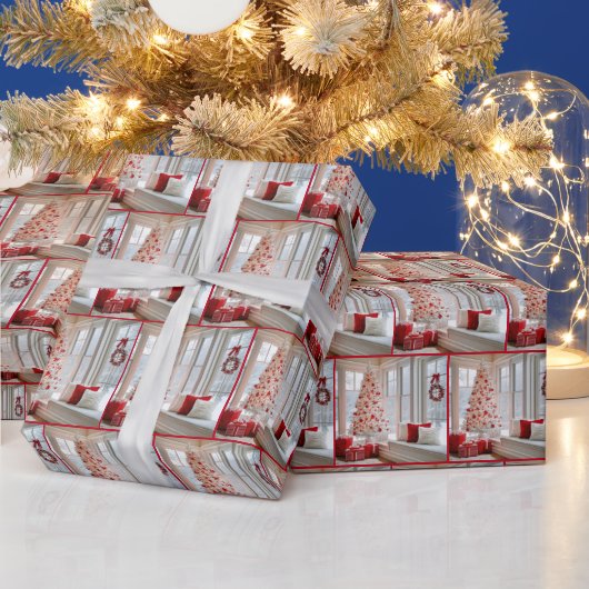 Weißer Weihnachtsbaum am Winterfenster Geschenkpapier (Feiertage)
