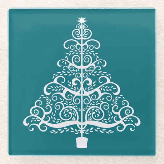 Weißer Weihnachtsbaum auf Aquamarin Glasuntersetzer (Vorderseite)