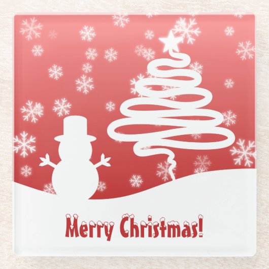 Weißer Weihnachtsbaum und Schneemann Glasuntersetzer (Vorderseite)