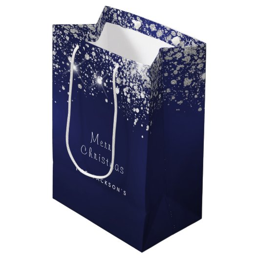 Weißer Weihnachtsstaub Glitzer Silber Mittlere Geschenktüte (Vorderseite Schrägansicht)