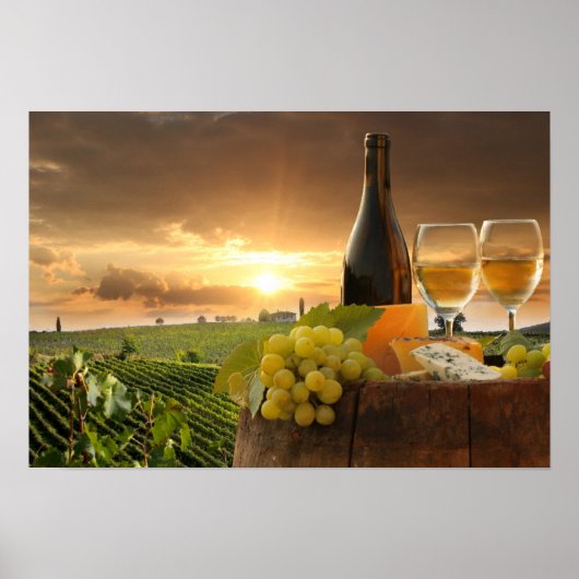 Weißer Wein mit Barrel auf Weinberg im Chianti Poster (Vorne)