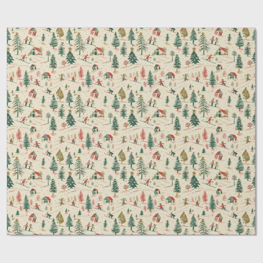 Weißer Winter: Schnee, Bäume & Skifahrer Geschenkpapier (Flach)