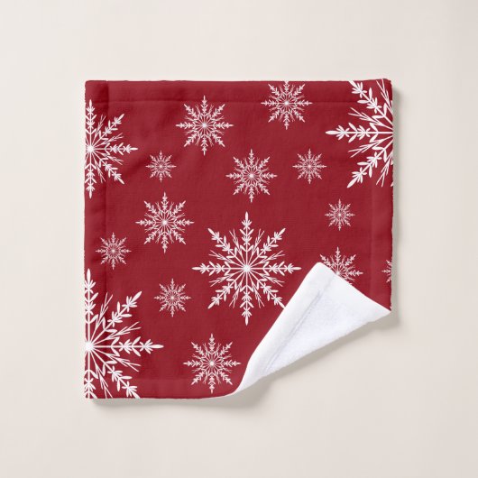 Weißer Winter Schneeflocken auf Rot Badhandtuch Set (Waschlappen)