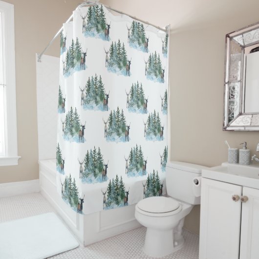 Weißer Winter Wonderland Forest Antlers Pine Trees Duschvorhang (Beispiel)