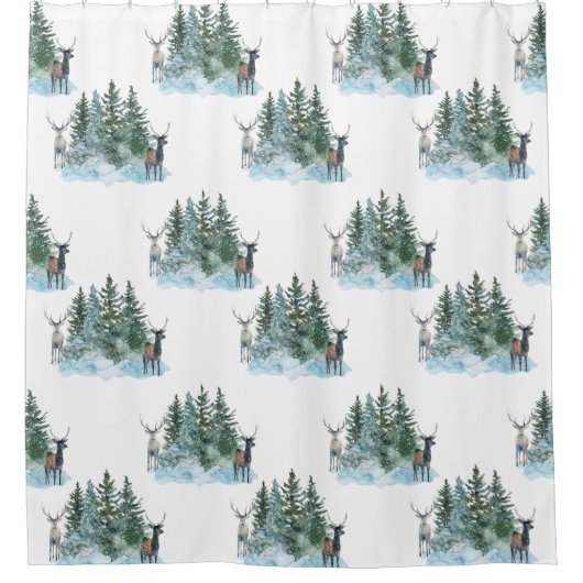 Weißer Winter Wonderland Forest Antlers Pine Trees Duschvorhang (Vorderseite)