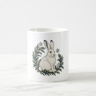 Weißer Winterhase mit Wacholder und Schneeflocken Kaffeetasse