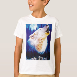 Weißer Wolf, der am vollen blauen Mond heult T-Shirt