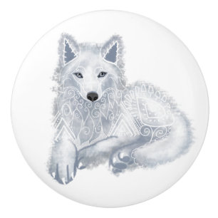 Weißer Wolf Geist Tier Keramik Knauf