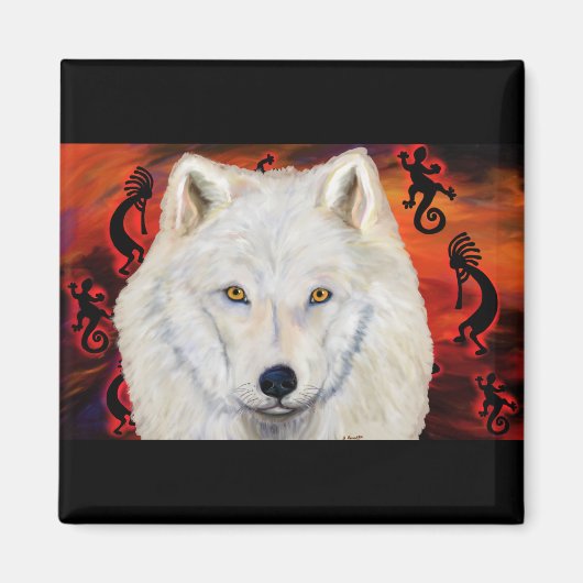 Weißer Wolf Kokopelli Magnet (Vorne)