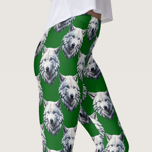 Weißer Wolf-Kopf-Musterdesign Grün Leggings