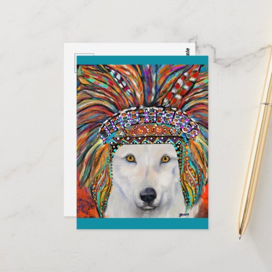 Weißer Wolf Kunst Postkarte (Vorderseite/Rückseite Beispiel)