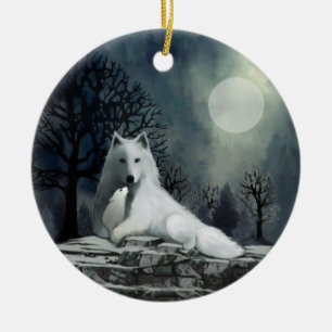 Weißer Wolf mit Pup-Ornament Keramikornament