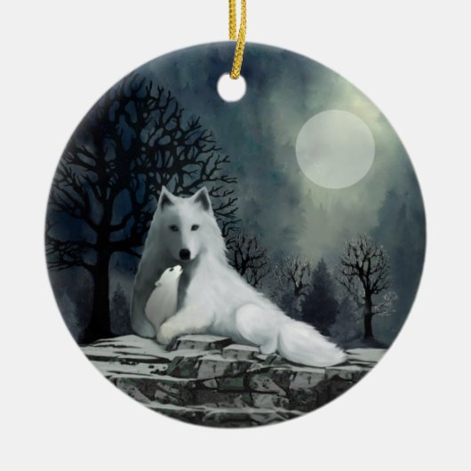 Weißer Wolf mit Pup-Ornament Keramikornament (Vorne)