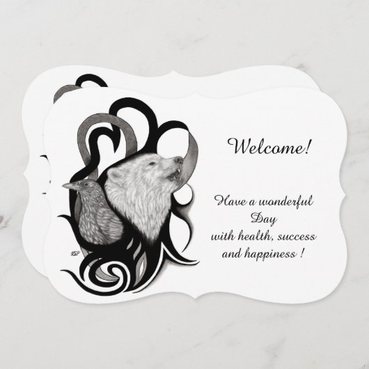 Weißer Wolf mit Raven , deinen Text hinzufügen Einladung (Vorne/Hinten)