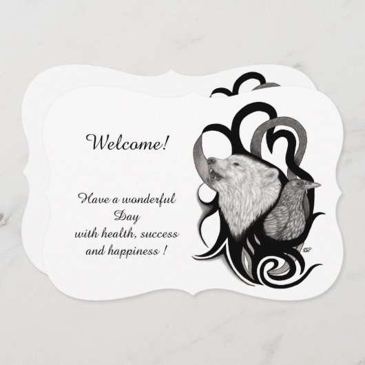 Weißer Wolf mit Raven , Fügen Sie Ihren Text Einla Einladung (Vorne/Hinten)