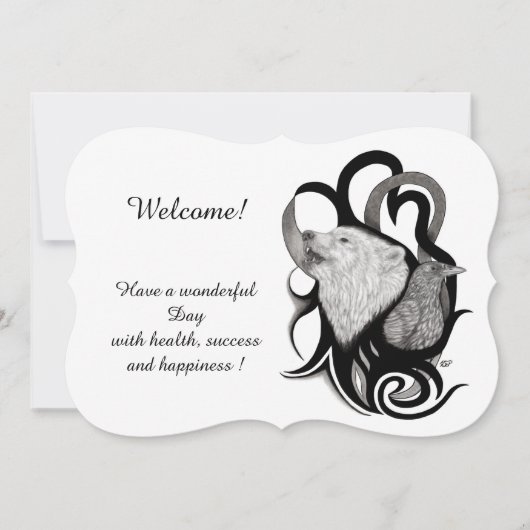 Weißer Wolf mit Raven , Fügen Sie Ihren Text Einla Einladung (Vorderseite)