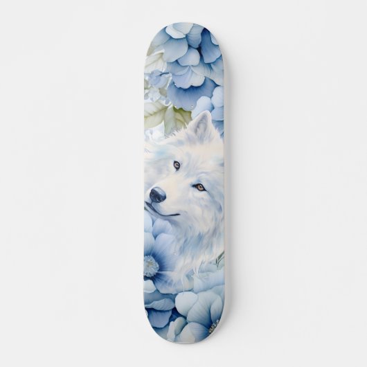 Weißer Wolf Pastellblaue Wasserfarben Florals Skateboard (Vorne)
