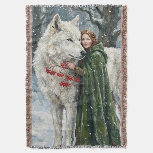 Weißer Wolf Rotschopf Druidin Winterbeeren Fantasy Decke (Vorderseite Vertikal)