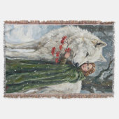 Weißer Wolf Rotschopf Druidin Winterbeeren Fantasy Decke (Vorderseite)