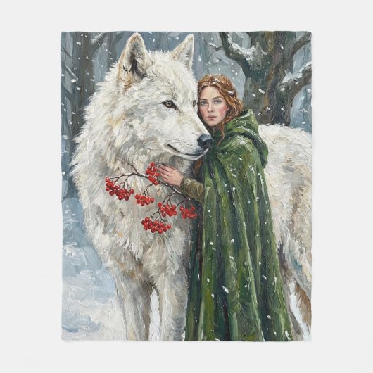 Weißer Wolf Rotschopf Druidin Winterbeeren Fantasy Fleecedecke (Vorderseite)