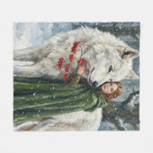 Weißer Wolf Rotschopf Druidin Winterbeeren Fantasy Fleecedecke (Vorderseite (Horizontal))