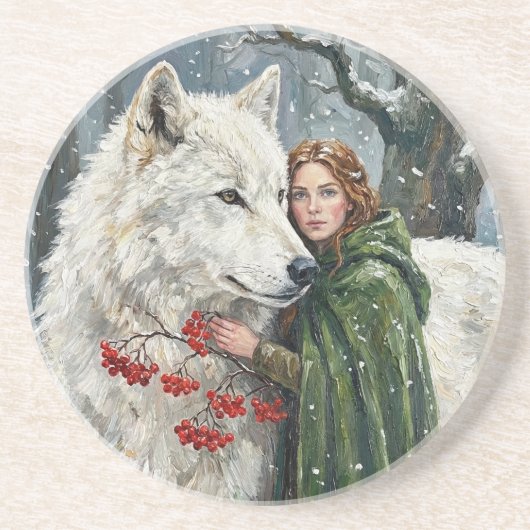 Weißer Wolf Rotschopf Druidin Winterbeeren Fantasy Getränkeuntersetzer (Vorne)