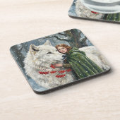 Weißer Wolf Rotschopf Druidin Winterbeeren Fantasy Getränkeuntersetzer (Linke Seite)