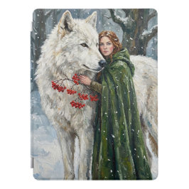 Weißer Wolf Rotschopf Druidin Winterbeeren Fantasy iPad Pro Hülle