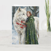 Weißer Wolf Rotschopf Druidin Winterbeeren Fantasy Karte (Rückseite)