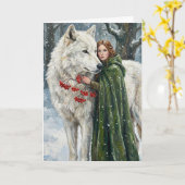 Weißer Wolf Rotschopf Druidin Winterbeeren Fantasy Karte (Gelbe Blume)