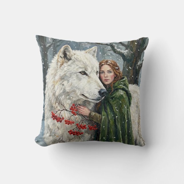 Weißer Wolf Rotschopf Druidin Winterbeeren Fantasy Kissen (Vorderseite)