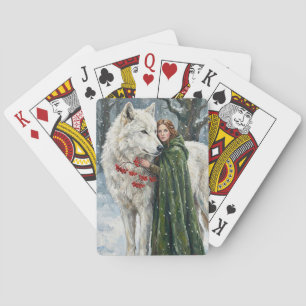 Weißer Wolf Rotschopf Druidin Winterbeeren Fantasy Spielkarten