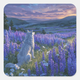 Weißer Wolf sitzend in violetter Lupinenblume Quadratischer Aufkleber