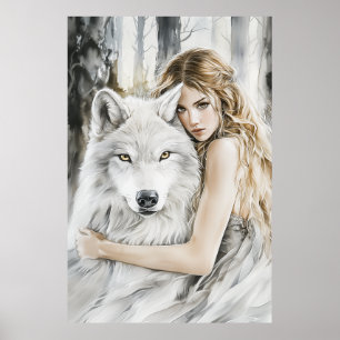 Weißer Wolf und Mädchen Poster