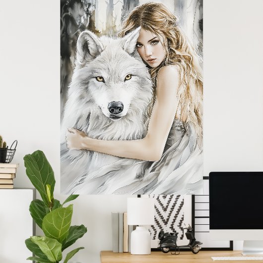 Weißer Wolf und Mädchen Poster (Heimbüro)