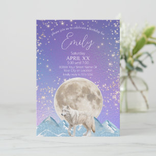 Weißer Wolf und Mond Nordlichter Einladung