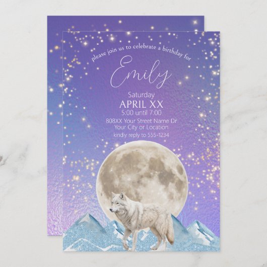 Weißer Wolf und Moon Northern Lights Einladung (Vorne/Hinten)