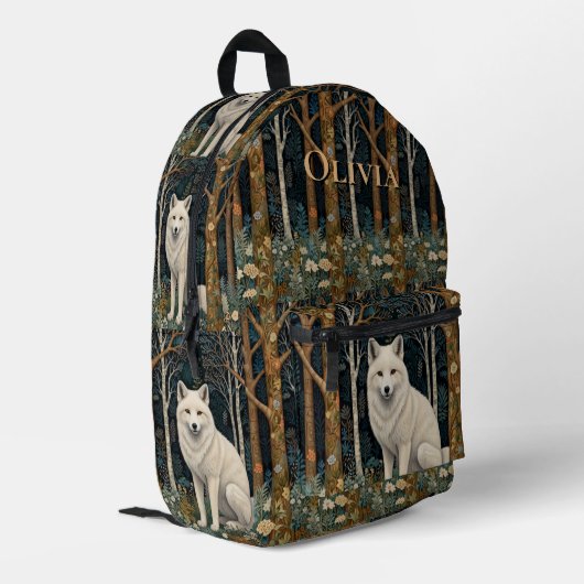 Weißer Wolf Vintage Boho Waldlandschaft Bedruckter Rucksack (Rückseitige Ecke links)