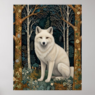 Weißer Wolf Vintage Boho Waldlandschaft Poster