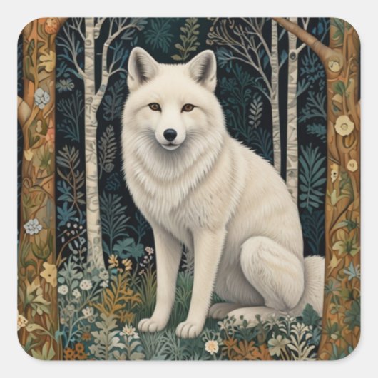 Weißer Wolf Vintage Boho Waldlandschaft  Quadratischer Aufkleber (Vorderseite)