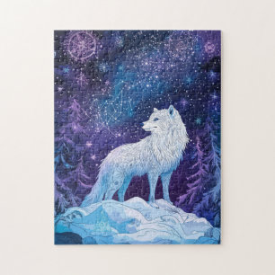 Weißer Wolf Winter unter magischem Sternenhimmel Puzzle