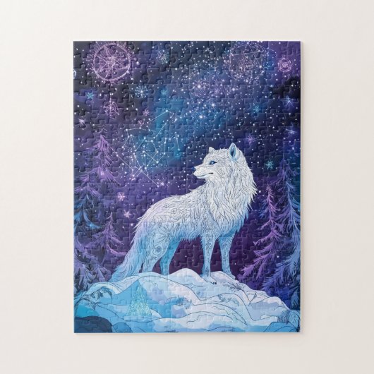 Weißer Wolf Winter unter magischem Sternenhimmel Puzzle (Vertikal)